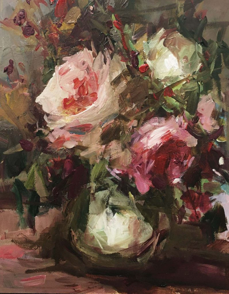 Parastoo Ganjei - Autumn Roses and Red Berries - Acrylic on Board