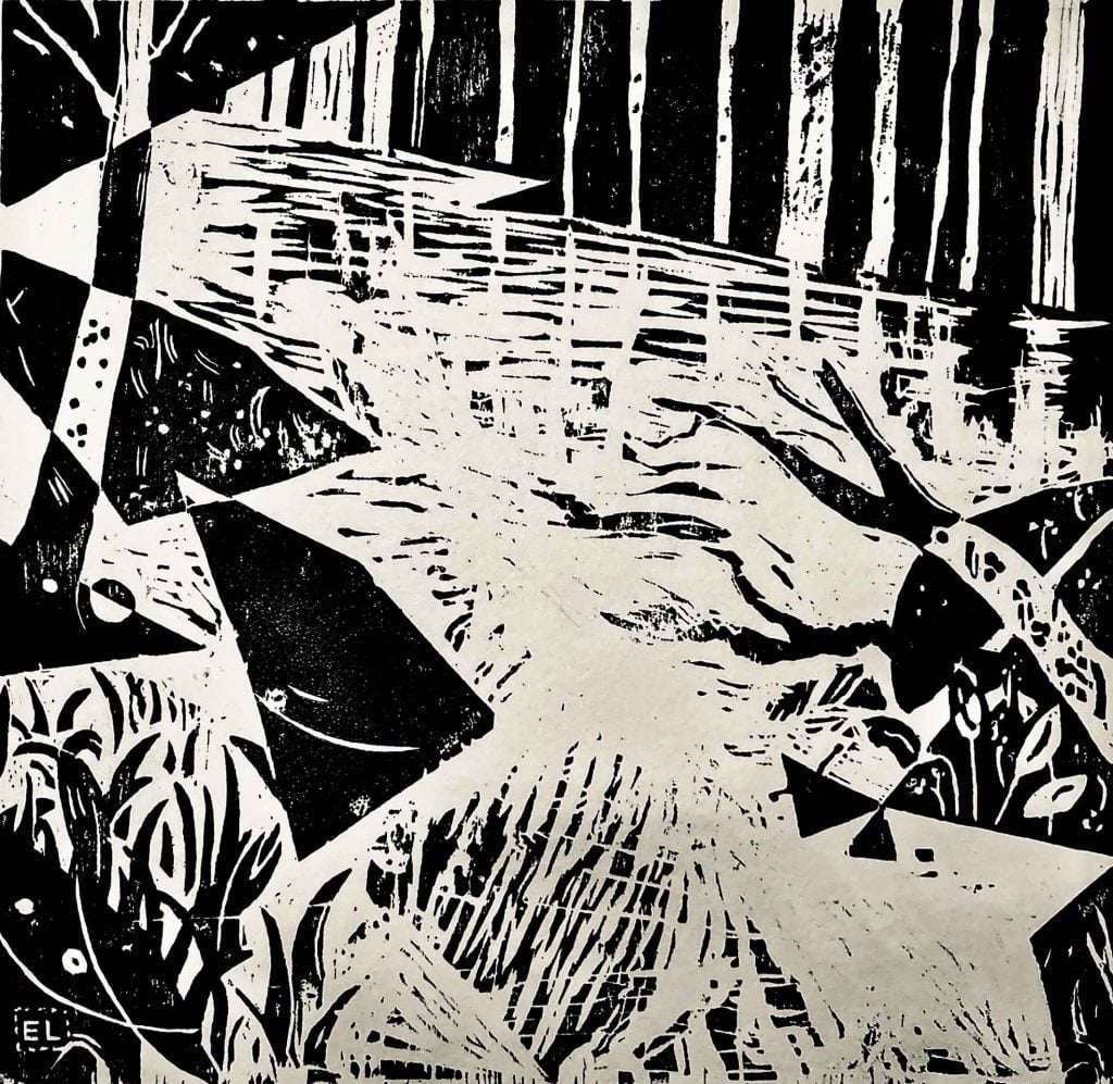 Ernest Lee - Water and Trees - Woodcut